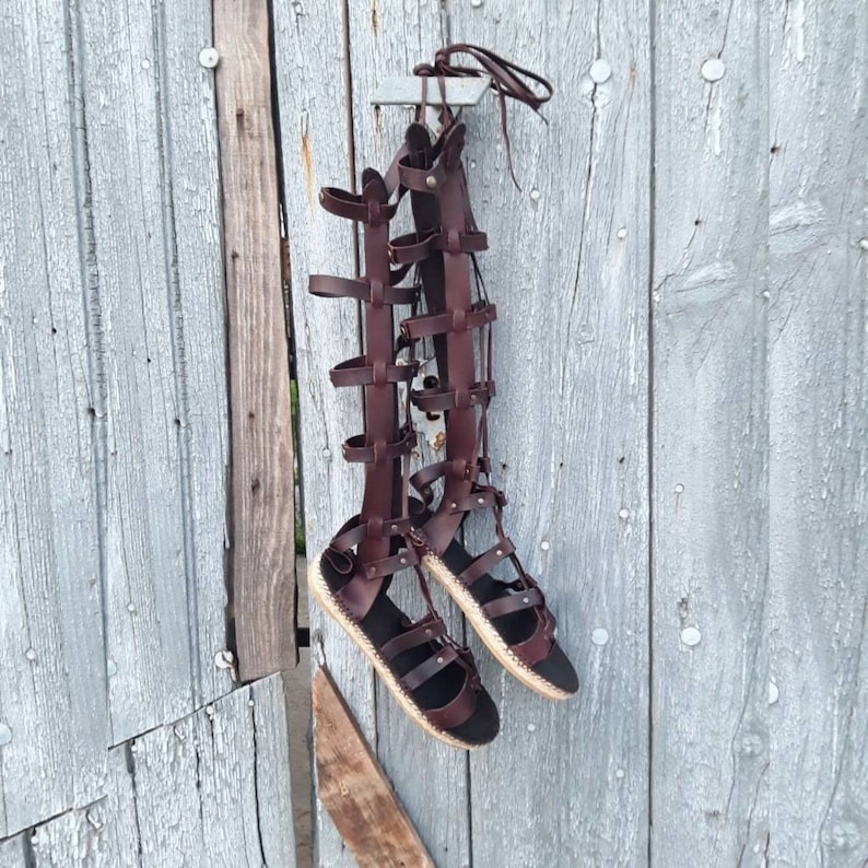 Flat sole Roman espadrilles sandals. Leather gladiator sandals. Roman sandal with long straps. Gladiator sandal with knee-high straps image 5