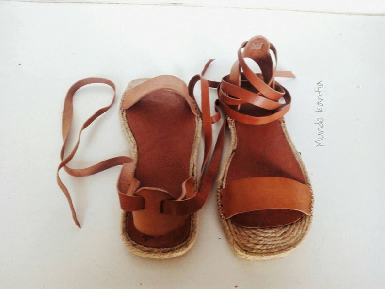 Espadrille flat skin Vegetable Tanning leather sandal Natural Jute Sole Flat Espadrille sandal Ankle-Strap Sandal