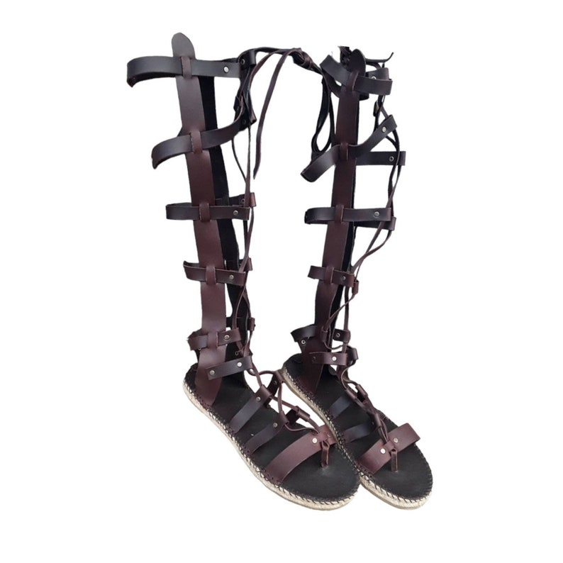 Flat sole Roman espadrilles sandals. Leather gladiator sandals. Roman sandal with long straps. Gladiator sandal with knee-high straps image 1