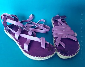 OUTLET 30% espadrille/ Size 37eu/ Discount violet espadrille with crossed straps/ Lilac flat sandal with long adjustable leather straps