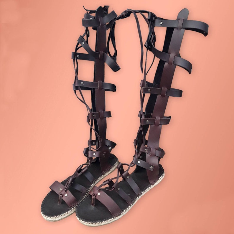 Flat sole Roman espadrilles sandals. Leather gladiator sandals. Roman sandal with long straps. Gladiator sandal with knee-high straps image 6