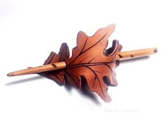 Oak leaf hair barrette. Hair clip with wooden skewer. Oak leaf wooden hair skewer. Hair skewer stick with blade