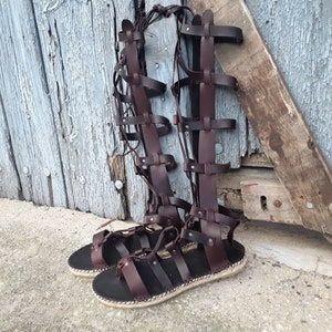 Flat sole Roman espadrilles sandals. Leather gladiator sandals. Roman sandal with long straps. Gladiator sandal with knee-high straps image 4