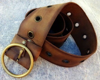 Boho style eyelet belt. Wide round buckle belt. Wide leather belt 3.5cm. Leather strap 7cm wide. Wide bohemian belt
