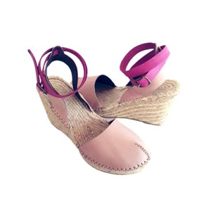 Pink leather espadrille/ Open heel and closed toe espadrille/ High wedge espadrille ankle strap/ High wedge espadrille 10cm