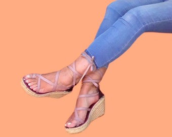 OUTLET 30% esparto wedge/ Size 38/ Pink and purple espadrille with long leather straps/ High wedge espadrille with adjustable cross straps/ Pink sandal