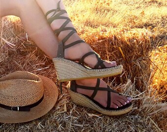 OUTLET 30% wedge espadrilles/ Size 38eu/ Green espadrille with long leather straps/ High wedge esparto sandal with adjustable cross straps