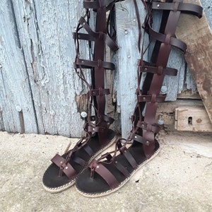 Flat sole Roman espadrilles sandals. Leather gladiator sandals. Roman sandal with long straps. Gladiator sandal with knee-high straps image 10