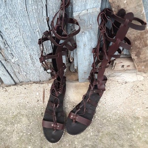 Flat sole Roman espadrilles sandals. Leather gladiator sandals. Roman sandal with long straps. Gladiator sandal with knee-high straps image 2