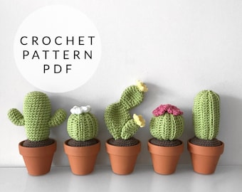 May include: Five crocheted cactus plants in terracotta pots. The cacti are different sizes and shapes, with some having flowers. The image includes the text "CROCHET PATTERN PDF".
