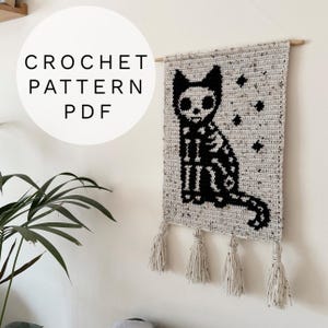 May include: Crocheted wall hanging featuring a black skeleton cat design on a speckled gray background. The text "CROCHET PATTERN PDF" is in a white circle. The piece is finished with three tassels.