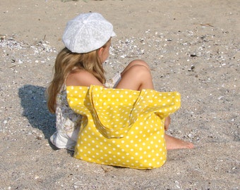 Yellow bag Beach tote Yellow waterproof bag Polka dot bag for weekend Red bag Zipped tote weekend canvas bag Shopper tote College bag