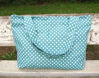 Fabric bag Blue tote Polka dot bag Beach tote Gift for mom tote Turquoise bag Zipped tote large Canvas bag weekend tote