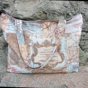 Sac de voyage Cabas zippé Cabas carte vintage Sac de week-end Cabas de plage Cadeau pour maman Cabas en tissu beige Sac de voyage Cadeau pour petite amie