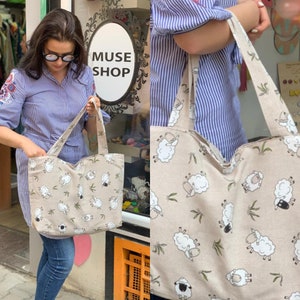 Cabas mouton zippé Grand sac en tissu Cabas week-end Sac de plage zippé Sac d'été Sac mouton Cadeau pour maman Cadeau sur le thème du mouton