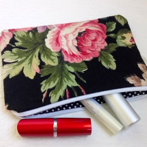 Floral purse Make up bag Cosmetic purse zipped Make up purse Black cosmetic bag  Gift for mother Floral gift Cotton pouch Gift with flowers