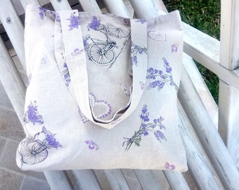 Lavender tote Bicycle tote washable bag cottage core gift Lavender bag Floral tote mom gift Everyday bag Lined tote floral Project bag