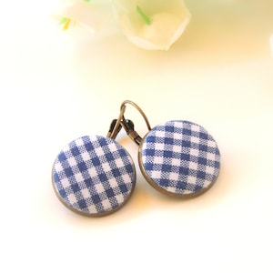 Cottage core earrings Blue plaid earrings Blue gingham earrings Gift for her Dangle earrings Checked earrings Button earrings Leverback