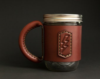 Premium Leather Jar Mug - Personalized Men's Travel Mason Jar Sleeve - Custom Lightning Bolt