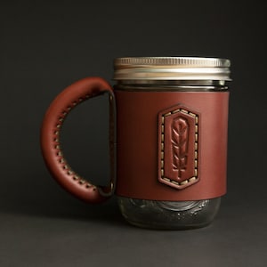 Personalized Leather Mason Jar Mug Sleeve: Travel Coffee Mug