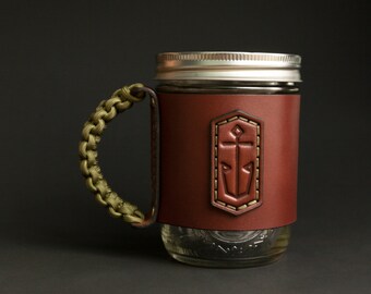 Premium Leather Jar Mug - Personalized Men's Travel Mason Jar Sleeve - Custom Anchor