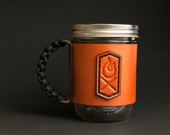 Premium Leather Jar Mug - Personalized Men's Travel Mason Jar Sleeve - Custom Campfire