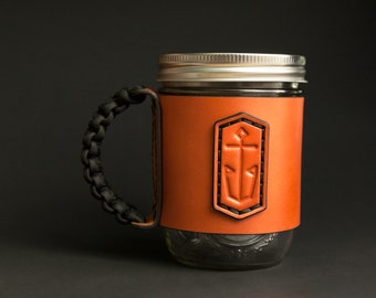 Premium Leather Jar Mug - Personalized Men's Travel Mason Jar Sleeve - Custom Anchor
