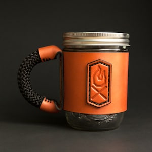 Personalized Leather Mason Jar Mug Sleeve: Campfire Travel Coffee Mug