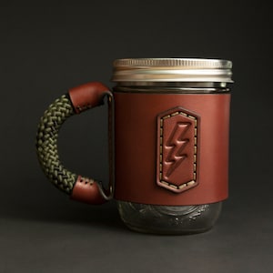 Leather Mason Jar Mug Sleeve: Personalized Travel Coffee Mug with Rope Handle