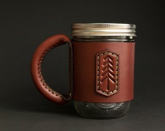 Premium Leather Jar Mug - Personalized Men's Travel Mason Jar Sleeve - Custom Tree