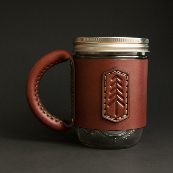 Premium Leather Jar Mug - Personalized Men's Travel Mason Jar Sleeve - Custom Tree