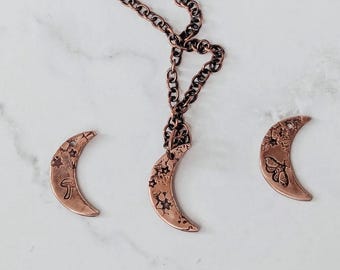 Copper Stardust Crescent Moon Necklace - hammered or stamped whimsical layering pendant with galaxy texture, tiny mushroom or moth