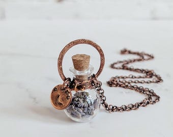 Copper Electroformed Curio Bottle Necklace -OOAK custom choose your own whimsical pendant, botanical and crystal necklace with stamped charm