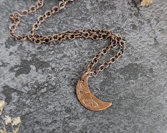 Copper Moth & Crescent Moon Necklace - hammered moon layering whimsical pendant with galaxy texture, tiny stamped mushroom or moth