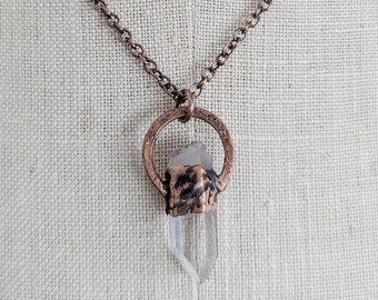 Raw Quartz Point and Copper Electroformed Necklace - ethically sourced crystal pendant with recycled copper, ethereal boho layering pendant