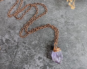 Raw Amethyst Point & Copper Necklace - handcrafted electroplated purple gemstone pendant, ethically sourced rough crystal