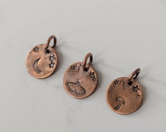Mini Copper Stamped Coin Necklace -  small celestial circle pendant with moth, crescent moon, or mushroom impression, magical woodland charm