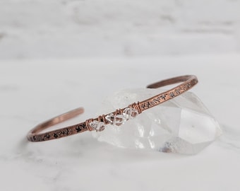Herkimer Diamond and Copper Textured Cuff Bracelet - textured adjustable open layering bangle, nickel free minimalist boho stacking jewelry