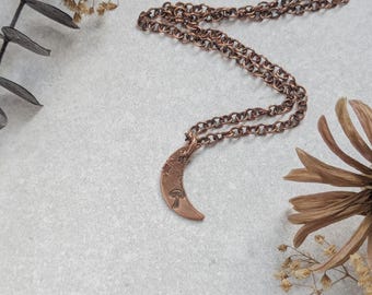 Copper Mushroom Crescent Moon Necklace - hammered celestial layering pendant with galaxy texture, tiny mushroom or moth, whimsical boho gift