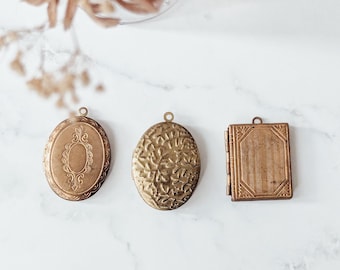 Vintage Brass Locket - choose one midcentry yellow / red brass oval or red brass book keepsake jewelry with new chain, whimsical curio