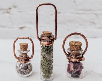 Copper Electroformed Curio Bottle Necklace -OOAK custom choose your own whimsical pendant, botanical and crystal necklace with stamped charm