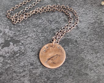 Copper Raven Necklace - whimsical stamped corvid, mushroom, or moth, large charm pendant, celestial woodland crowcore jewelry, nickel free
