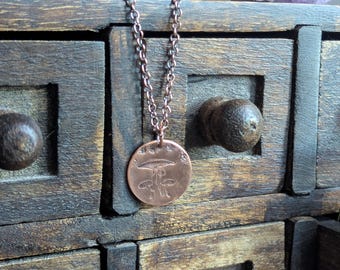 Large Mushroom Stamped Copper Necklace - whimsical moth, or raven charm coin pendant, celestial woodland crowcore jewelry, nickel free