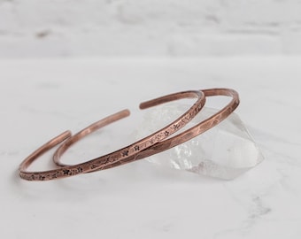Copper Textured Cuff Bracelet - hammered or celestial stamped adjustable open layering bangle, nickel free minimalist boho stacking jewelry