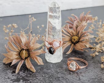 Copper Gemstone Wire Wrapped Stacking Ring Trio,  Amethyst, Obsidian, and Clear Quartz - purple, black, & clear boho crystal ring set of 3