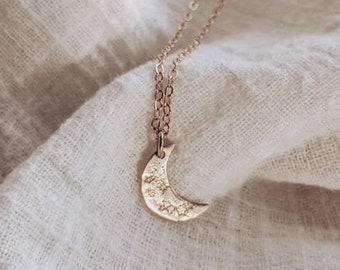 Stardust Crescent Moon Necklace - hammered golden brass crescent moon layering necklace galaxy moon and star luna space jewelry delicate