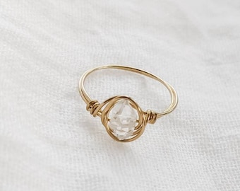 Herkimer Diamond Ring - minimalist dainty ring clear stone ring tiny stacking wire wrapped nickel free brass argentium sterling silver ring