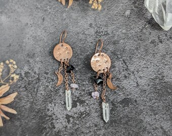 Copper and Crystal Celestial Dangle Earrings - drop charm earrings with crescent moon, herkimer quartz, amethyst & obsidian gemstone