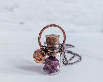 Copper Electroformed Curio Bottle Necklace -OOAK custom choose your own whimsical pendant, botanical and crystal necklace with stamped charm