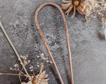 Copper French Hair Pin - textured hair prong/fork for long hair updo, french twist or bun styling tool, hammered or stamped boho accessory